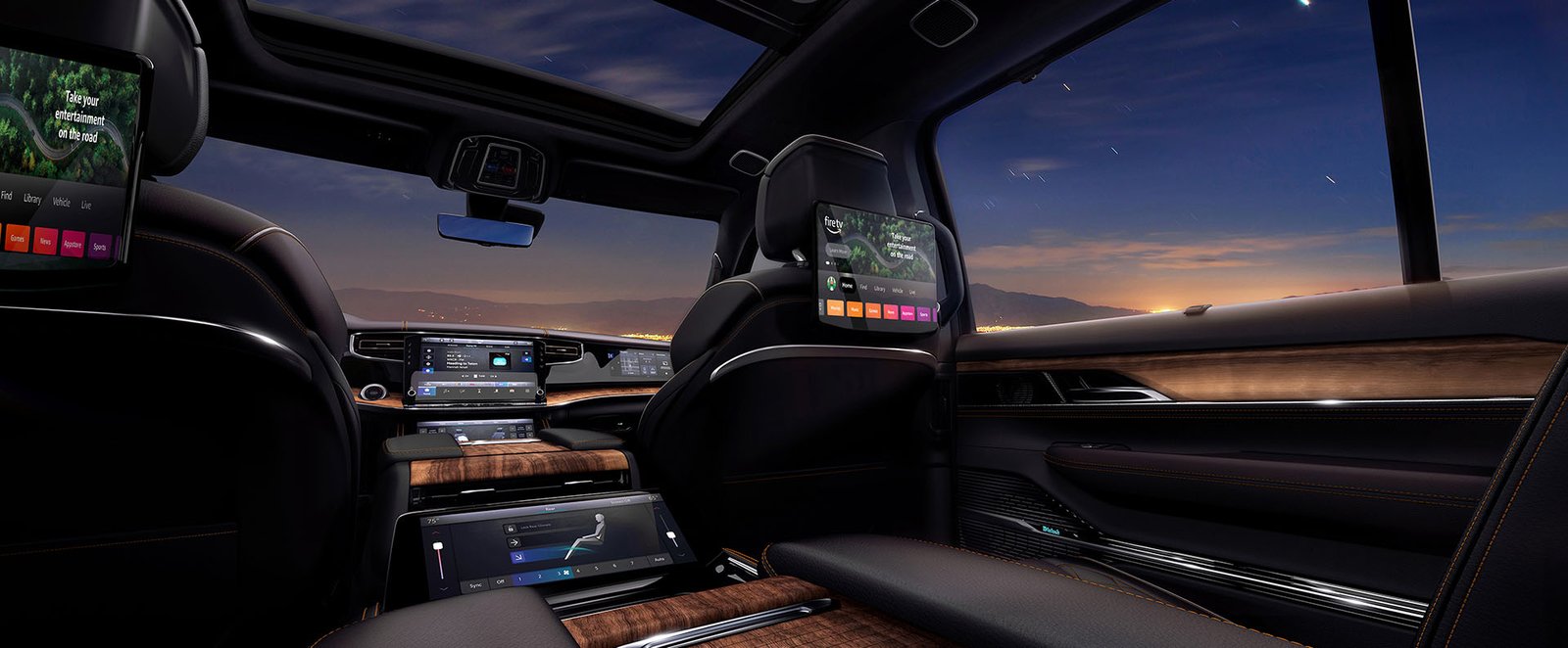 Grand Wagoneer cabin at night with panoramic roof